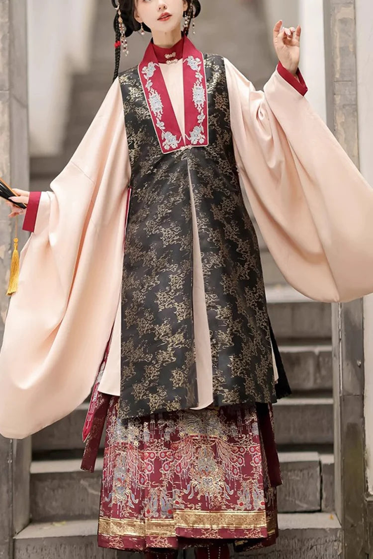 Black/Red Round Collar High Waisted Hot Stamping Embroidery Chinese Style Hanfu Dress Three Piece