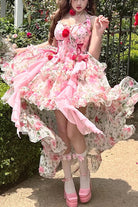 Pink Multi-Color Rose Print Sleeveless Sweet Lolita Strapless Dress
