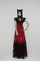 Black/Red Stand Collar Sleeveless Printed Hanayome Lace Lace-Up Women's Gothic Elegant Dress Wedding Dress