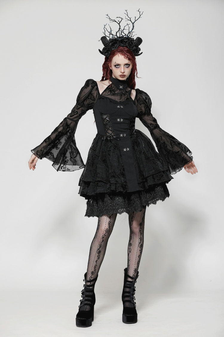 Black Halterneck Long Trumpet Puff Sleeves Multi-Layered Lace Women's Gothic Lolita Graduation Dress