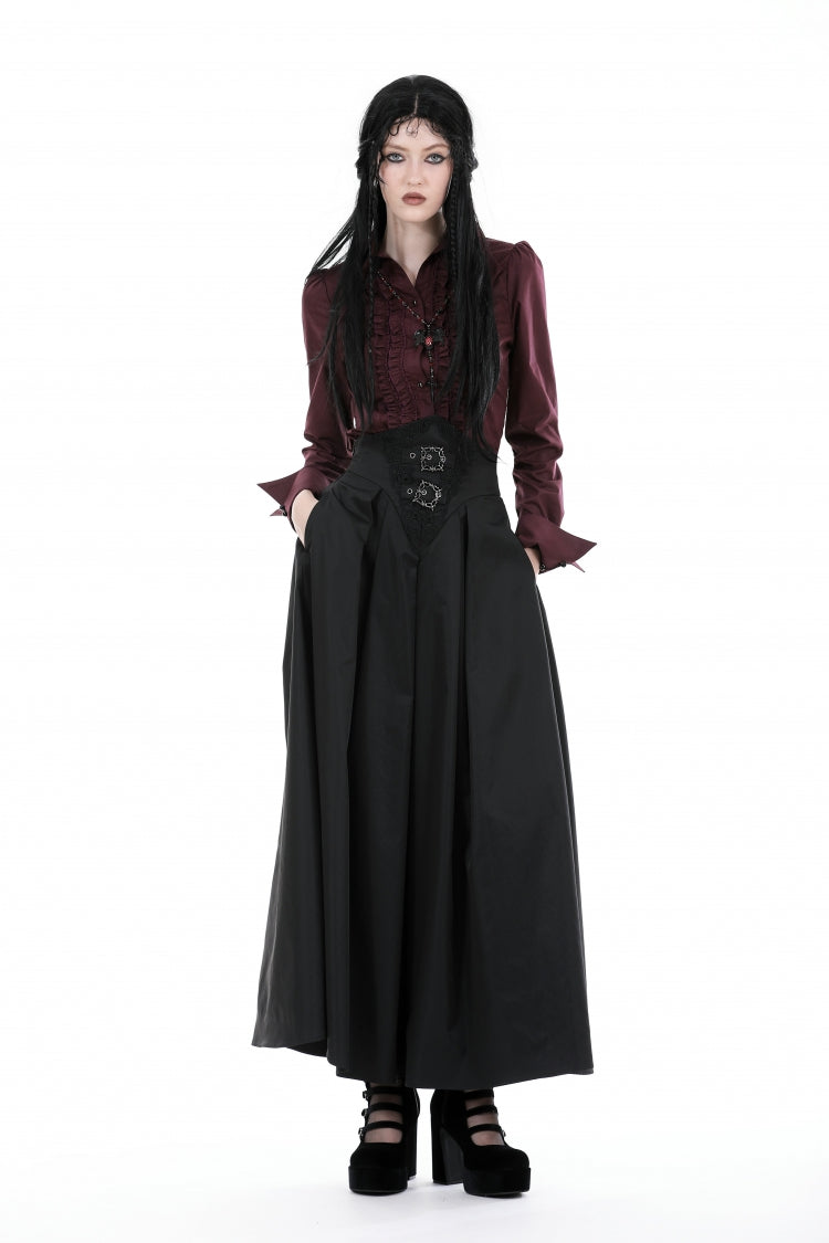 Wine Red Turn-down Collar Ruffled Long Sleeves Women's Gothic Blouse