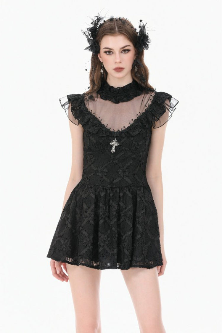 Black Ruffled Mock Neck Floral Cross Lace Splice Sheer Mesh Sleeveless Lace-Up Women's Gothic Dress