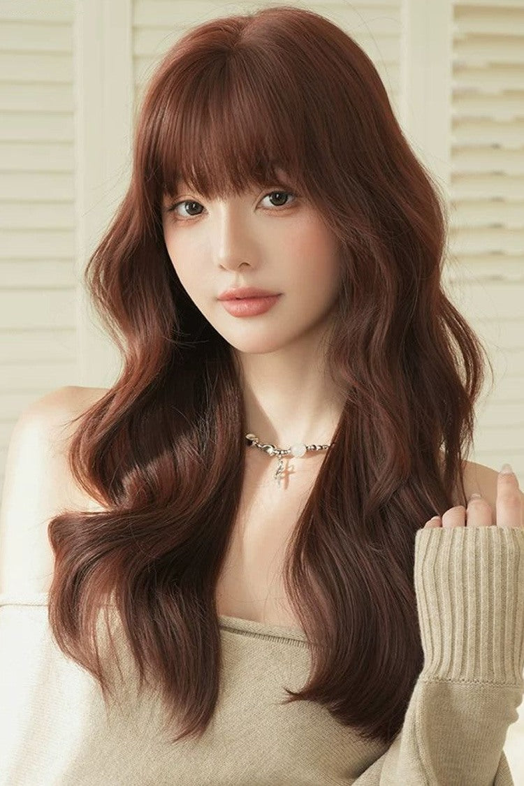 Dark Red Bean Paste Fluffy Natural Long Wavy Curls Sweet Daily Lolita Long Wig