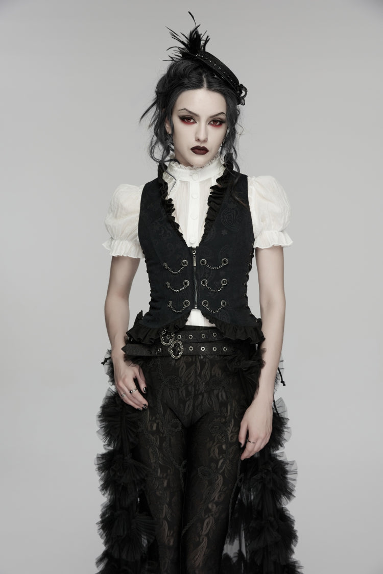 Black Jacquard Lace Lace-Up Slim Pleated Women's Gothic Palace Vest
