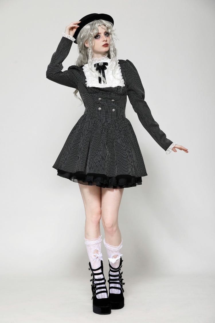 Black/White Striped Ruffled Lace Stand Collar Bow Long Sleeves Lace-Up Women's Gothic Lolita Graduation Dress
