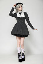 Black/White Striped Ruffled Lace Stand Collar Bow Long Sleeves Lace-Up Women's Gothic Lolita Graduation Dress