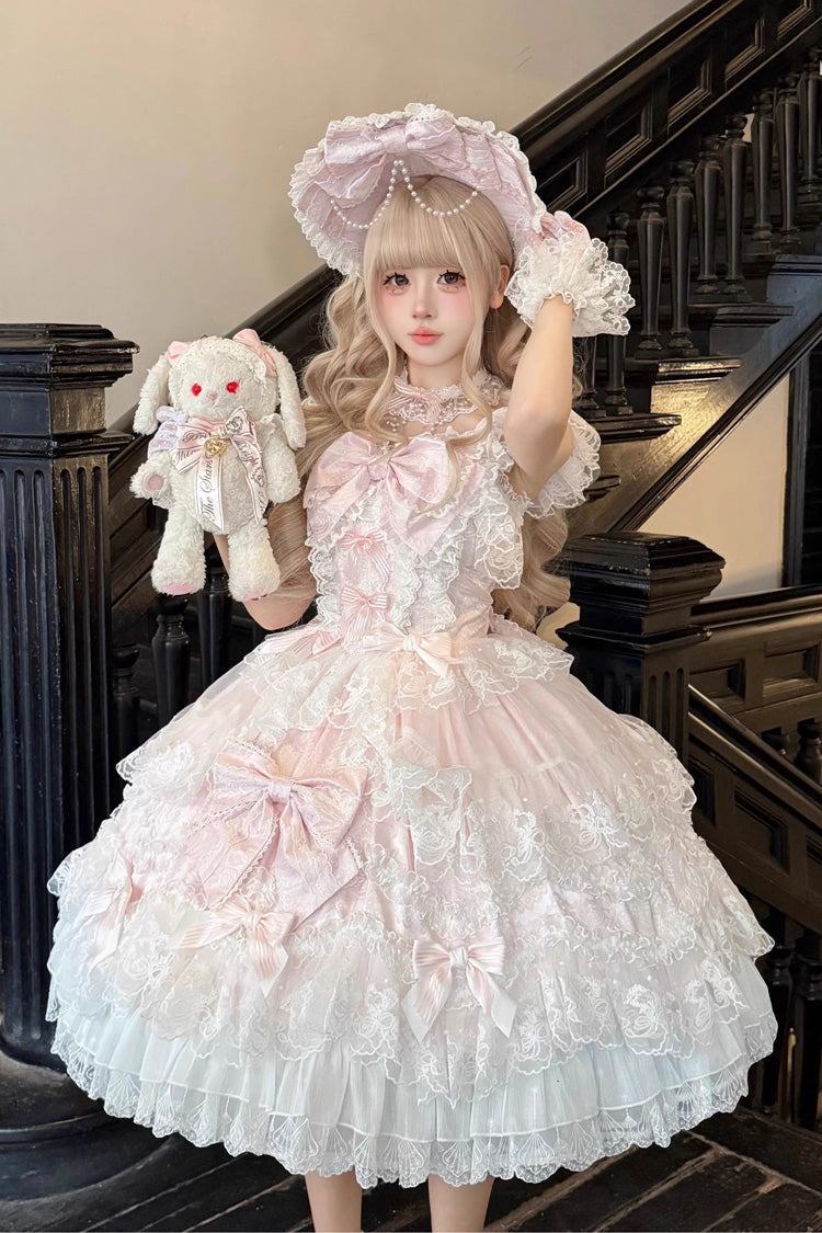 Pink [Sakura Dream Romance] Sleeveless Multi-Layered Ruffled Hanayome Bow Lace Sweet Princess Lolita Jsk Dress