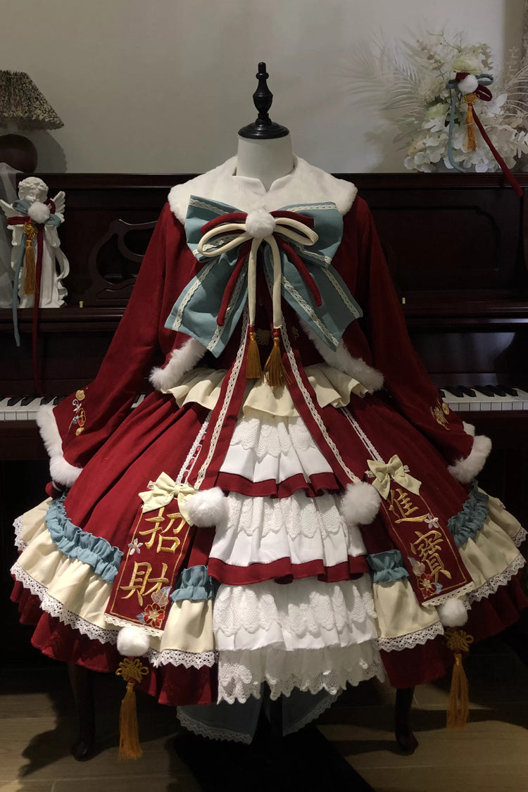 Red [Happy New Year] Ruffled Open-Front Bow Sweet Chinese Style Lolita Jsk Dress Set
