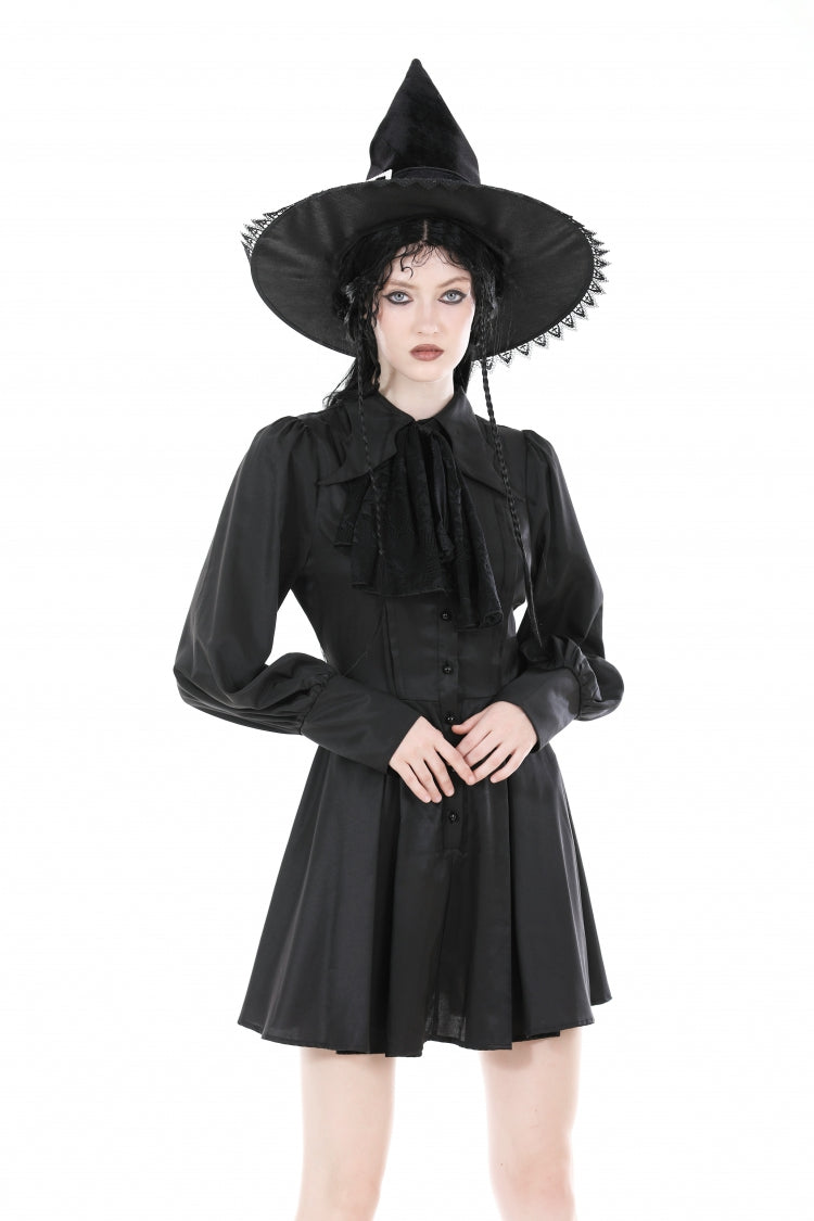 Black Turn-down Collar Long Lantern Sleeves Women's Gothic Dress with Necktie