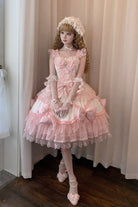 White/Pink [Flower Dream Isle] Square Collar Multi-Layered Ruffled Bow Lace Sweet Lolita Jsk Dress
