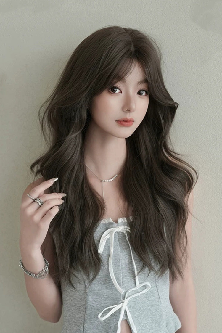 Cool Brown Fluffy Long Loose-Wavy Sweet Lolita Wig with Face-Framing Curtain Bangs