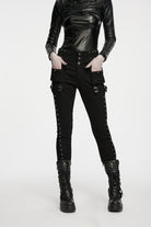 Black Slim Fit Studded Women's Punk Cool Pants with Pockets
