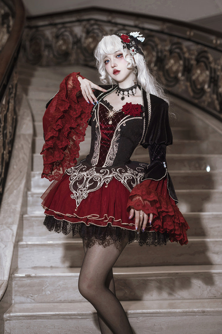 Black/Red [Blood Clan Feast] Ruffle Embroidery Lace Gothic Lolita Jsk Dress Set