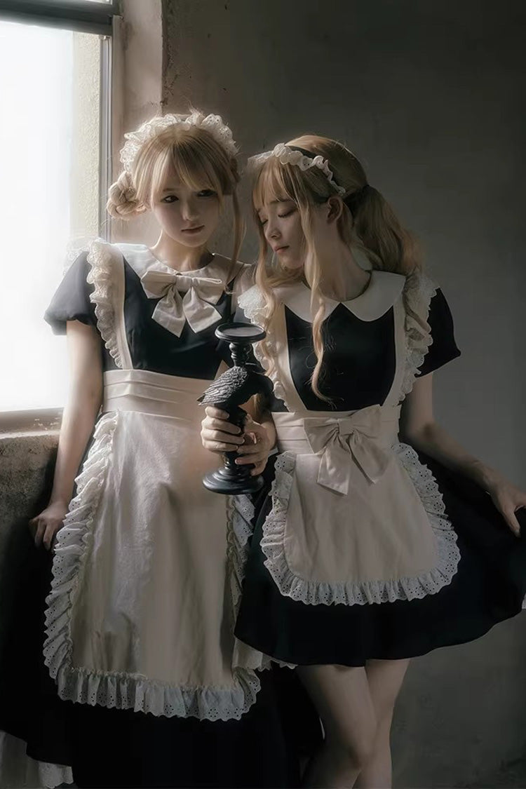 Black/White Round Collar Short Sleeves Ruffled Bow Sweet Elegant Lolita Maid Dress 2 Versions