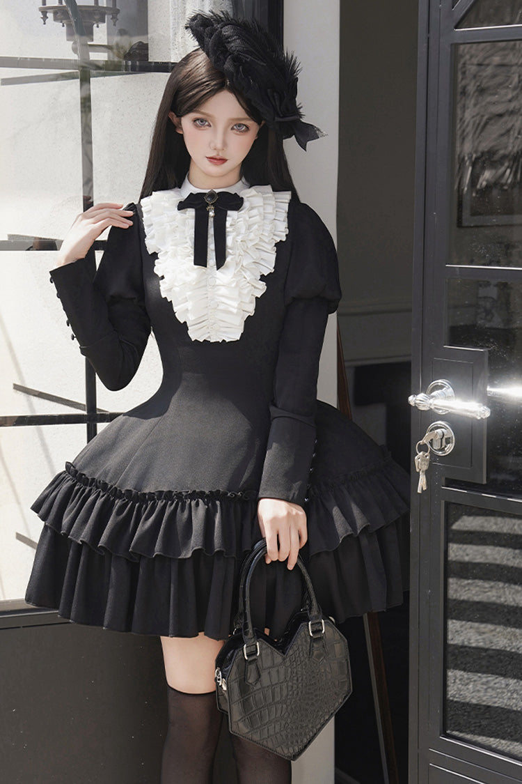 Black [Miss Weir] Stand Collar Long Sleeves Double-Layered Ruffle Gothic Lolita Dress