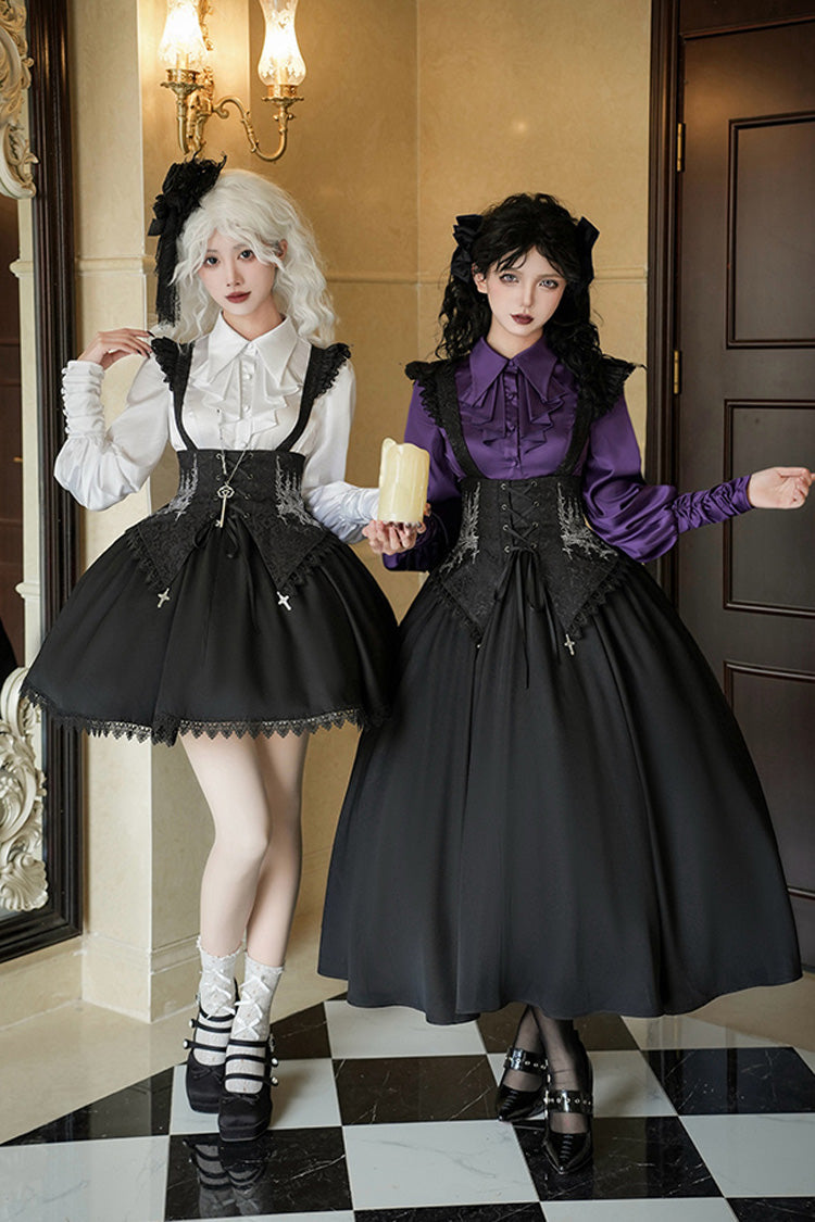Black [Night of Thorns] Sleeveless Embroidery Lace-Up Gothic Lolita Strap Breast Support Dress 2 Versions
