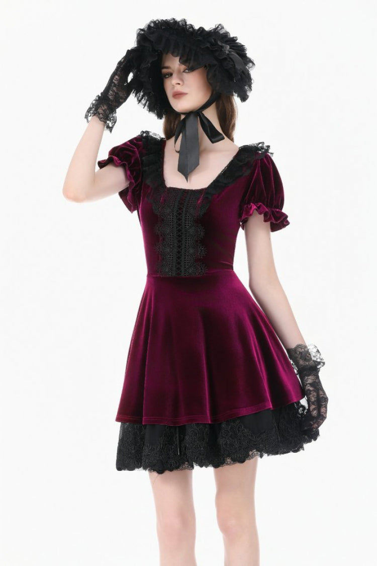 Wine Red Square Collar Short Puff Sleeves Velvet Patchwork Lace Lace-Up Women's Gothic Dress