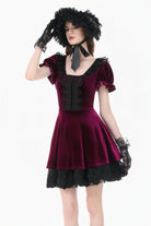 Wine Red Square Collar Short Puff Sleeves Velvet Patchwork Lace Lace-Up Women's Gothic Dress