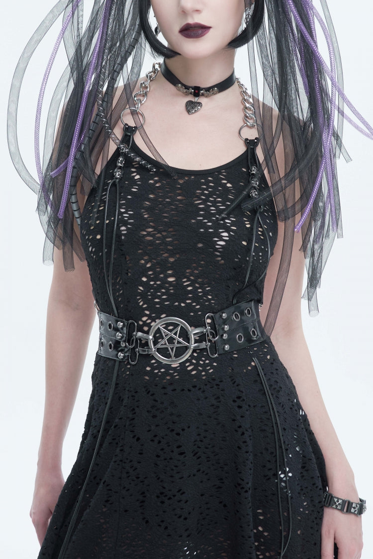 Black Studded Eyelet Women's Gothic Accessory Star Double-layer Faux Leather Belt