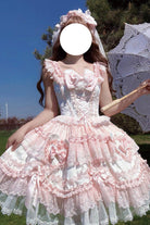 Pink [Heart Bear] Square Collar Flutter Sleeves Jacquard Ruffled Bow Lace Sweet Lolita Jsk Dress