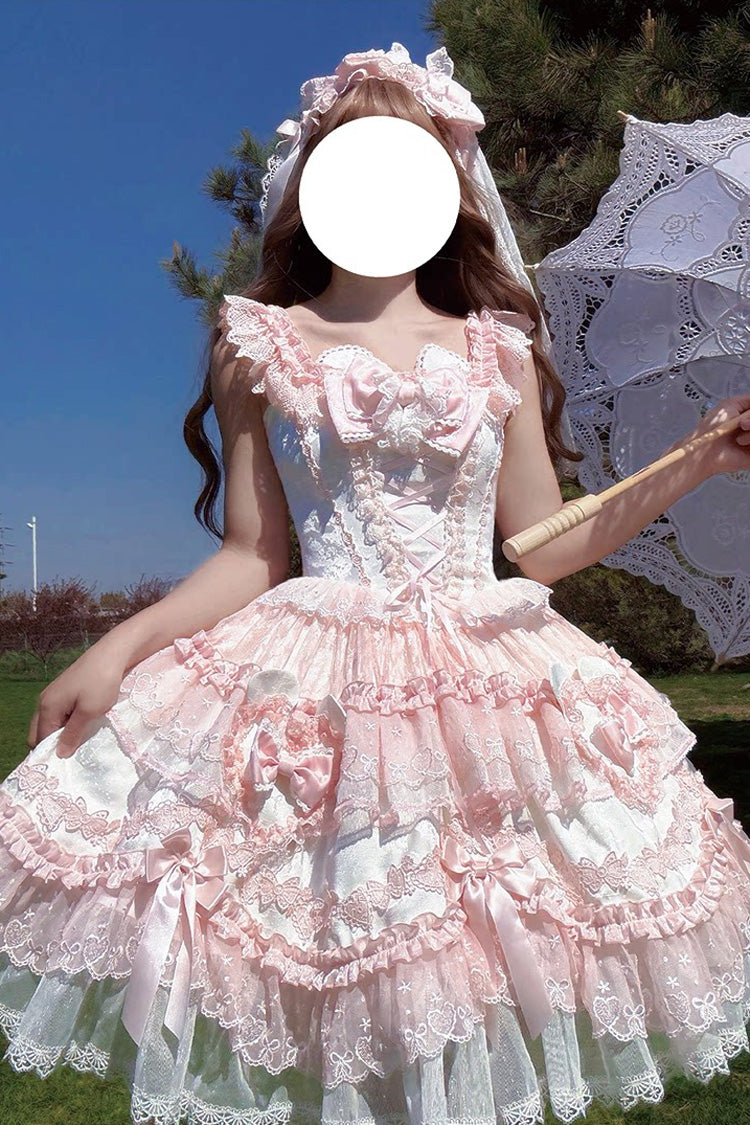 Pink [Heart Bear] Square Collar Flutter Sleeves Jacquard Ruffled Bow Lace Sweet Lolita Jsk Dress