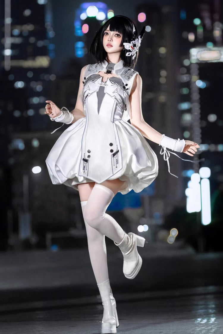 White [Tech Light Realm] Sleeveless Printed Sci-Fi Techwear Futuristic Punk Lolita Jsk Dress Set