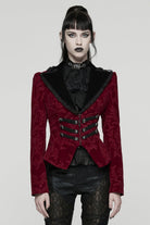 Red/Black Lapel Collar Long Sleeves Lace-Up Zipper Women's Punk Coat