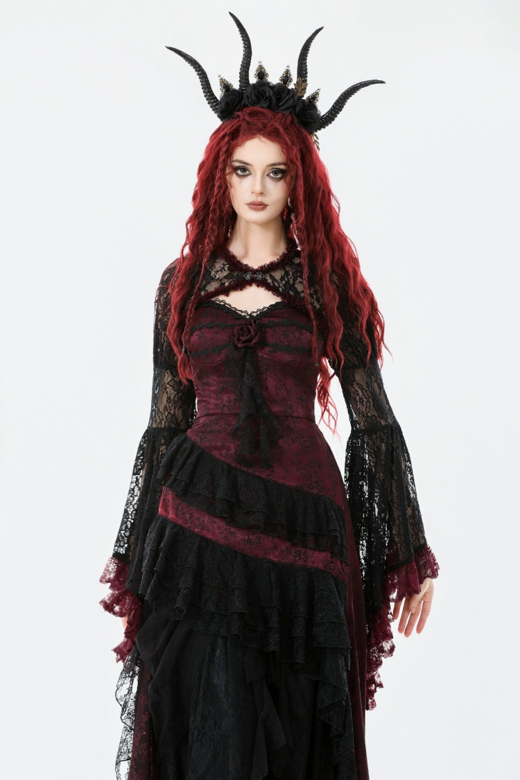 Black/Red Long Puff Flared Sleeves Floral Lace Women's Gothic Cape