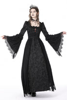Black Square Collar Long Hime Sleeves Embroidered Lace Spliced Women's Gothic Maxi Wedding Dress