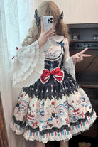 Black [Mystery Rabbit Tea Party] Sleeveless Print Ruffle Bowknot Lace Sweet Lolita Jsk Dress