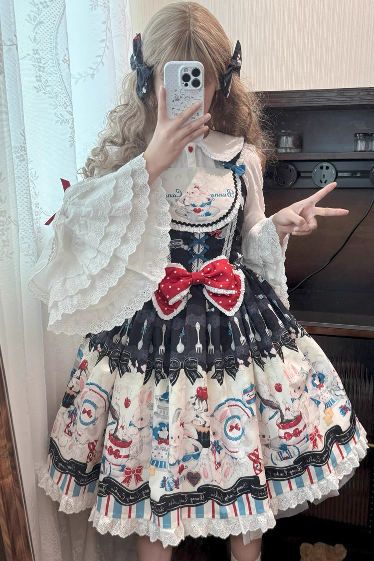 Black [Mystery Rabbit Tea Party] Sleeveless Print Ruffle Bowknot Lace Sweet Lolita Jsk Dress