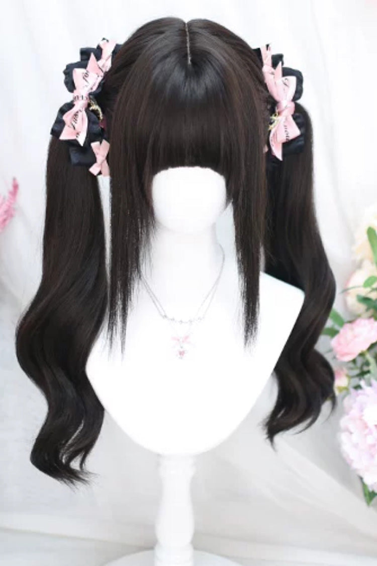 Black Tea Brown Sweet Lolita Long Curly Twin Tail Wig with Straight Bangs