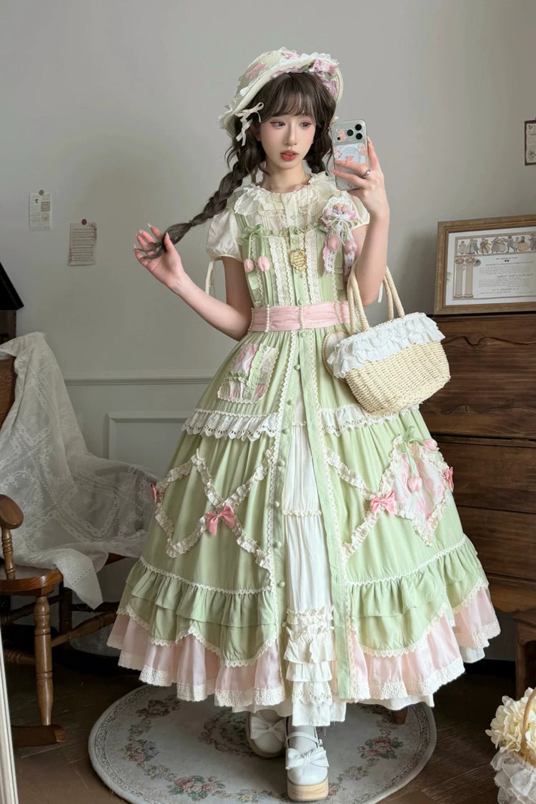Green [Tulip Blossom Field] Multi-Layered Pastoral Style Ruffled Open-Front Bow Sweet Lolita Jsk Dress