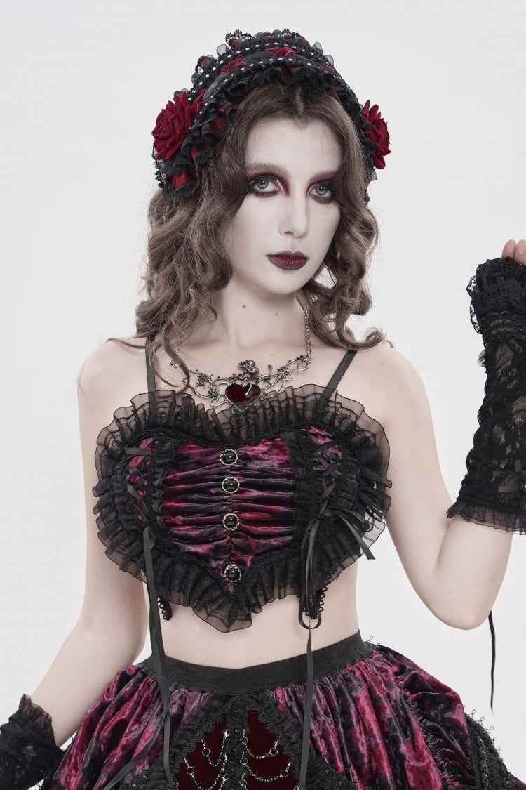 Black/Red Off Shoulder Bow Lace Color-Blocked Strappy Pleated Women's Gothic Corset