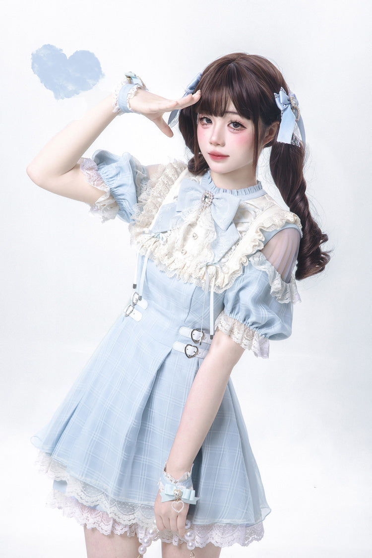 Blue/Aqua Short Sleeves Plaid Printed Ruffled Lace Sweet Jirai Kei Japanese Lolita Dress