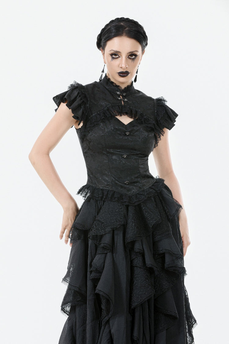 Black Short Sleeves Jacquard Ruffled Cut-Out Lace Lace-Up Women's Gothic Corset Top