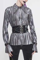 Silver Metal Buckles CuffPleated Pointed Collar Leather Loops Punk Shirt