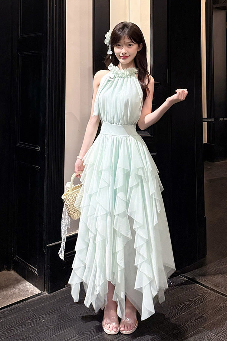 Light Green [Mist Bell] Halterneck Sleeveless Multi-Layered Ruffled Irregular Sweet Lolita Dress