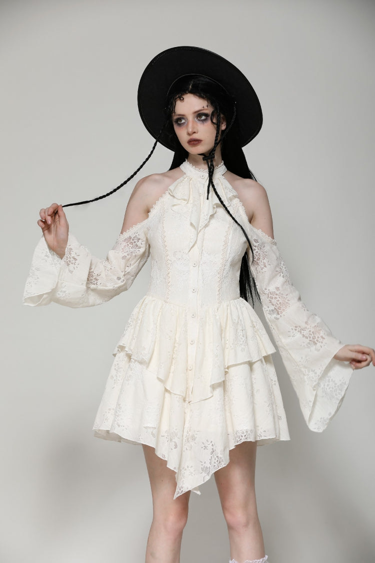 Beige Halter Off Shoulder Lapel Collar Long Flare Sleeves Lace-Up Women's Steampunk Dress