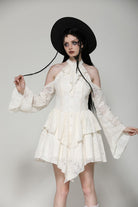Beige Halter Off Shoulder Lapel Collar Long Flare Sleeves Lace-Up Women's Steampunk Dress