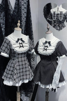 [Moonlight Whispers] Jirai Kei Rabbit Ears Doll Collar Short Sleeves Printed Ruffled Bow Lace Gothic Japanese Dress Shorts Set 2 Colors
