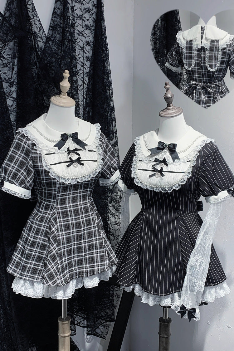 [Moonlight Whispers] Jirai Kei Rabbit Ears Doll Collar Short Sleeves Printed Ruffled Bow Lace Gothic Japanese Dress Shorts Set 2 Colors