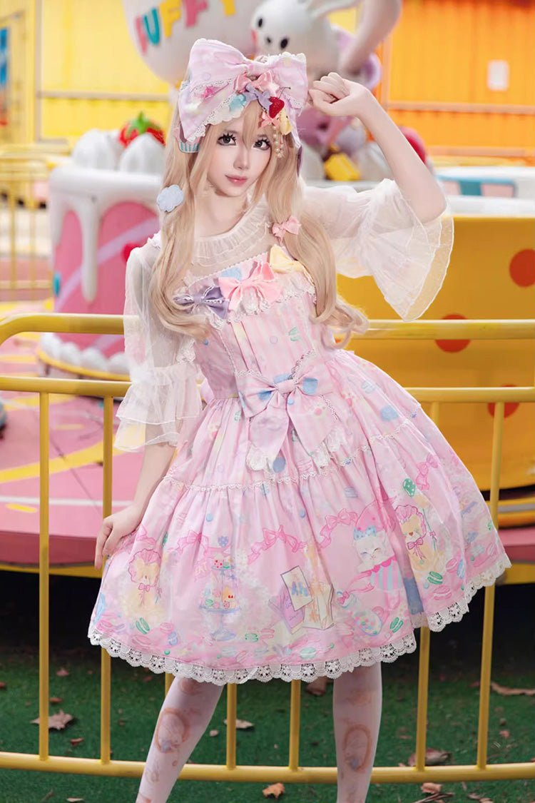 Pink [Macaron Dolly House] Sleeveless Print Bowknot Sweet Lolita Jsk Dress