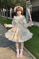 Blue/Pink/Ivory [Candied Pastry Crisp] Multi-Layered Ruffled Bow Sweet Lolita Jsk Dress