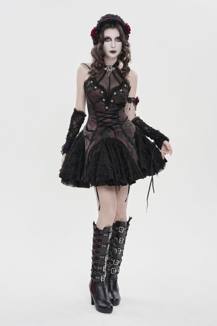 Black/Red Off Shoulder Sleeveless Printed Spliced Lace Lace-Up Pleated Women's Gothic Dress