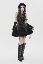 Black/Red Off Shoulder Sleeveless Printed Spliced Lace Lace-Up Pleated Women's Gothic Dress