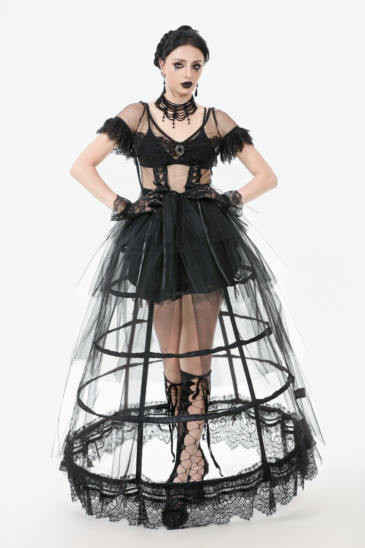 Black V Collar Short Sleeves Multi-Layered Sheer Mesh Women's Gothic Dress