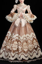 Champagne Multi-Layer Hime Sleeves High Waisted Hollow Embroidery Three-Dimensional Flower Print Victorian Lolita Prom Dress