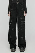 Black Women's Punk Cross Patch Big-pocket Denim Pants