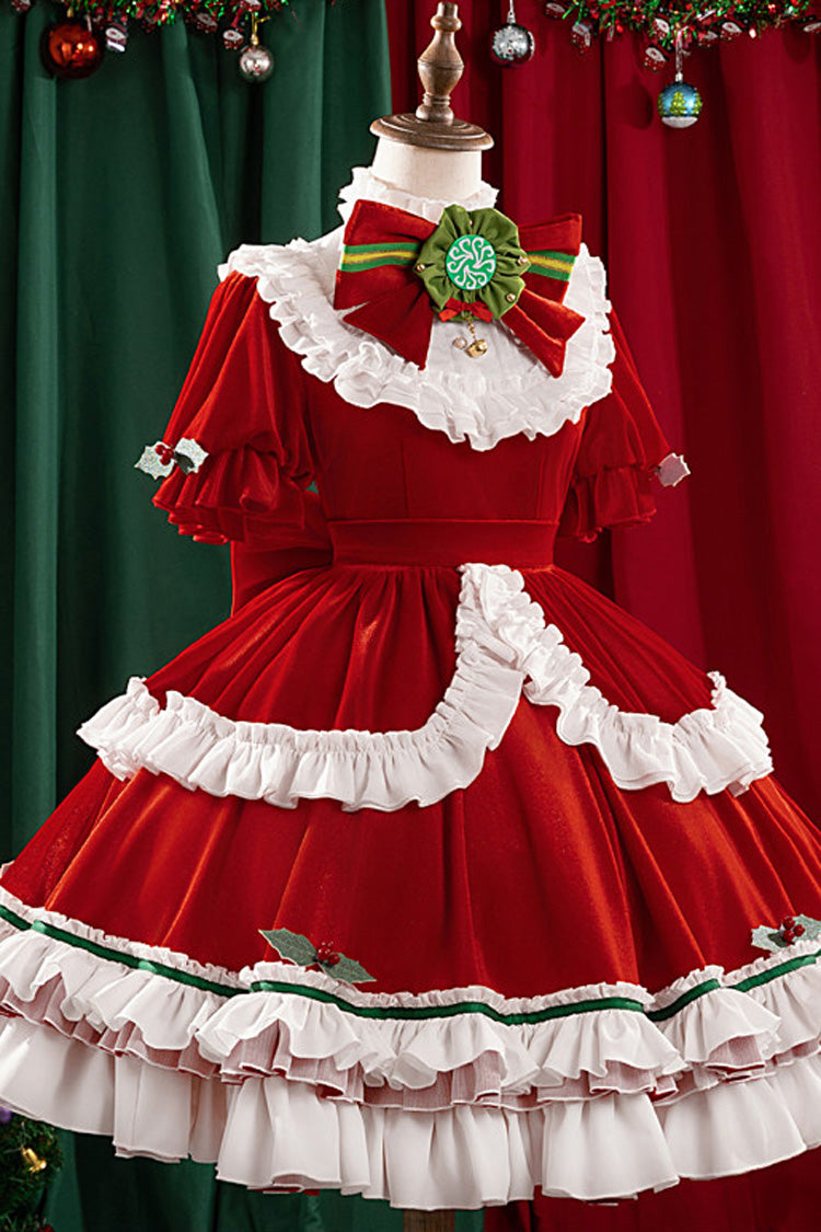 Red [Emma Woods Gardener] Stand Collar Short Sleeves Multi-Layered Ruffled Bow Christmas Sweet Lolita Dress